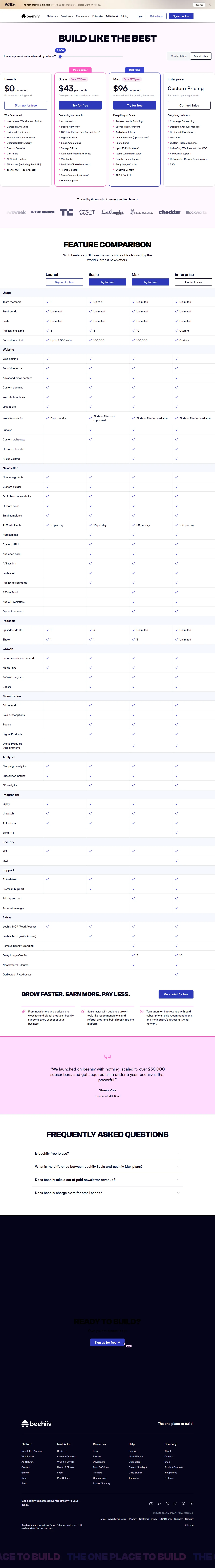 Screenshot of the beehiiv pricing page showing Launch, Scale, Max, and Enterprise plan tiers with prices
