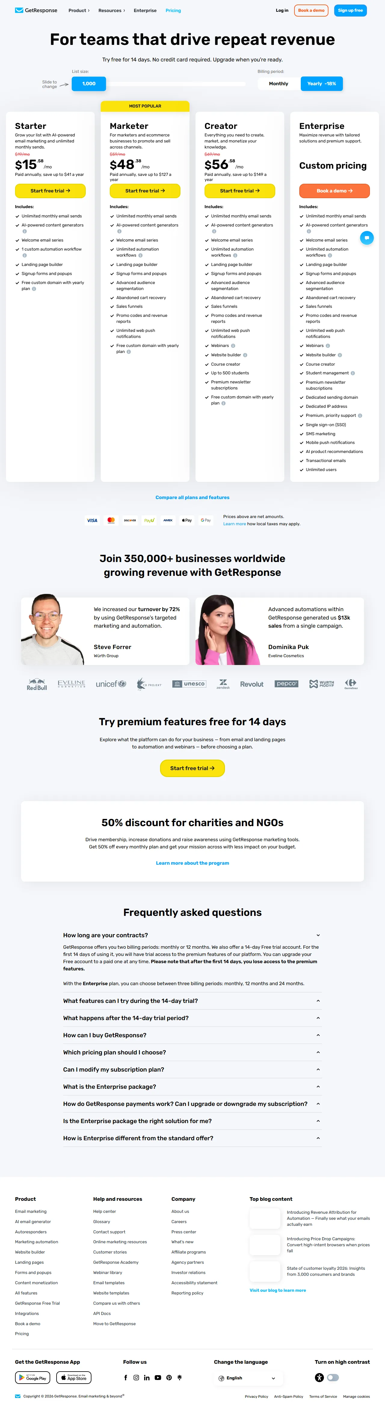 Screenshot of the GetResponse pricing page showing Free, Starter, Marketer, and Creator plan tiers with prices