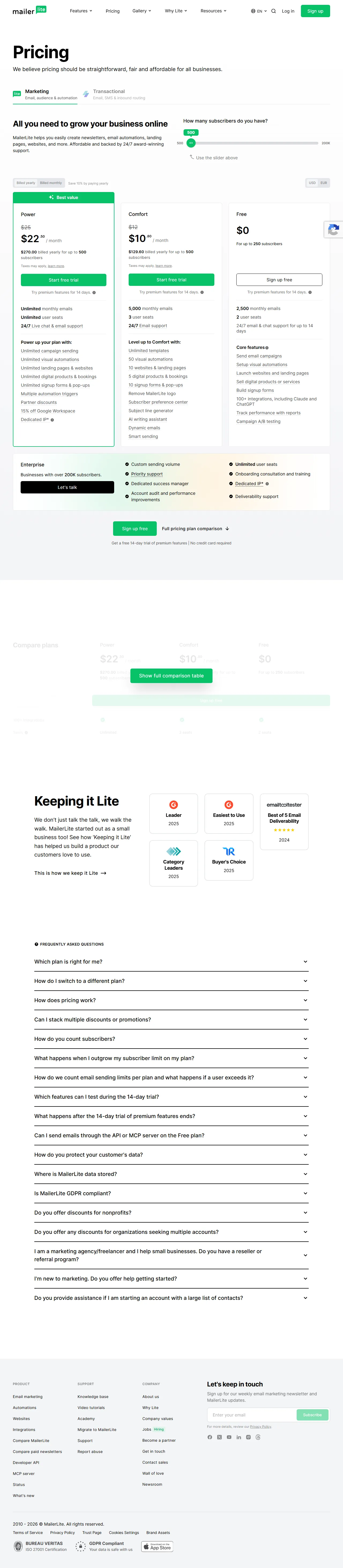 Screenshot of the MailerLite pricing page showing Free, Growing Business, and Advanced plan tiers with prices